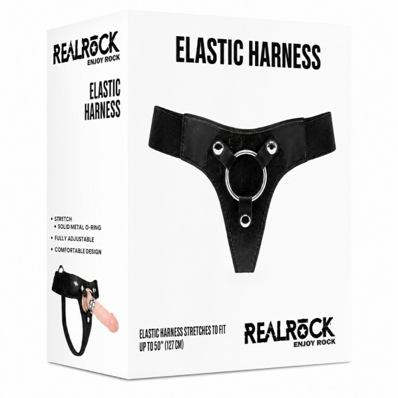 Трусики для страпона REALROCK Elastic Harness з кільцем, шкірячі, чорні, One Size