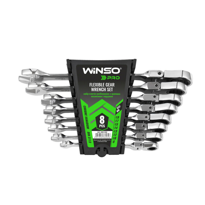 Набор ключей комб. Winso Pro с трещеткой и карданом CR-V, 8шт (8-10-12-13-14-15-17-19мм), пластик (900308)