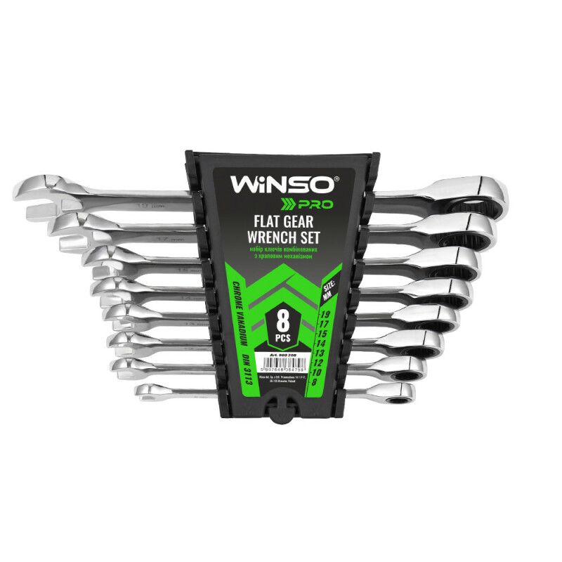 Набор ключей комб. Winso Pro с трещеткой CR-V, 8шт (8-10-12-13-14-15-17-19мм), пластик (900208)