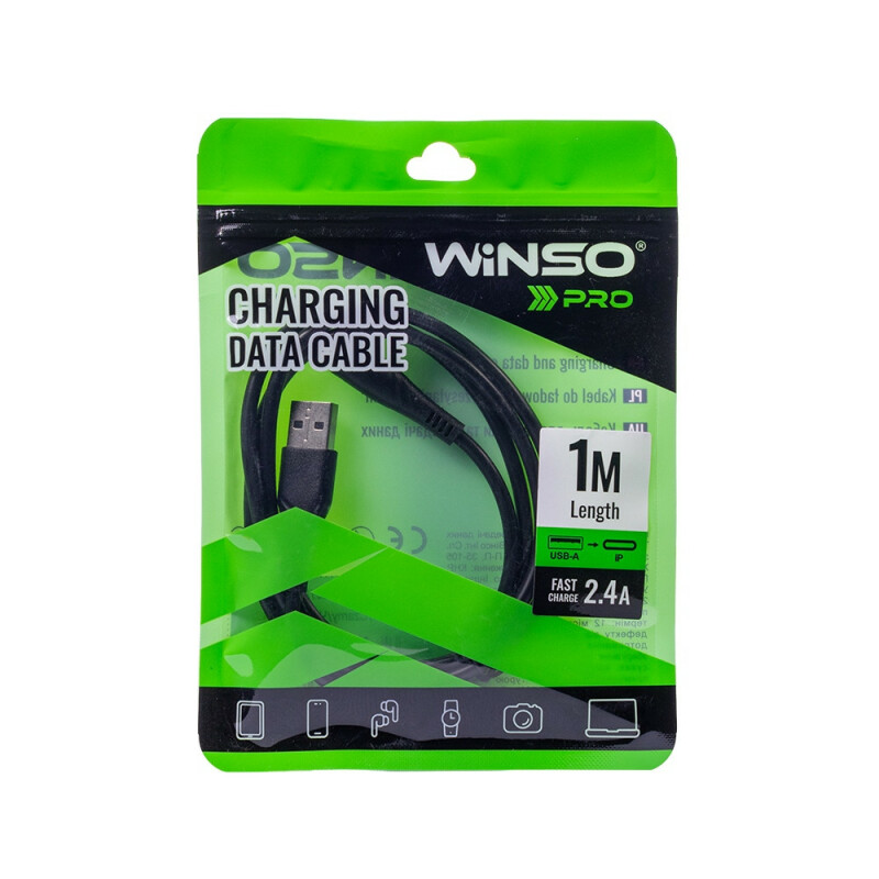 Кабель Winso Pro USB to Lightning 1м, PVC, черный, ZIP 221102B (200)