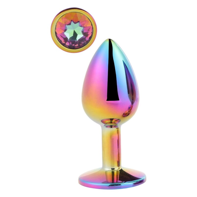 Анальна пробка Dream Toys Gleaming Love з різнокольоровим каменем, райдужна, 7.1 х 2.7 см