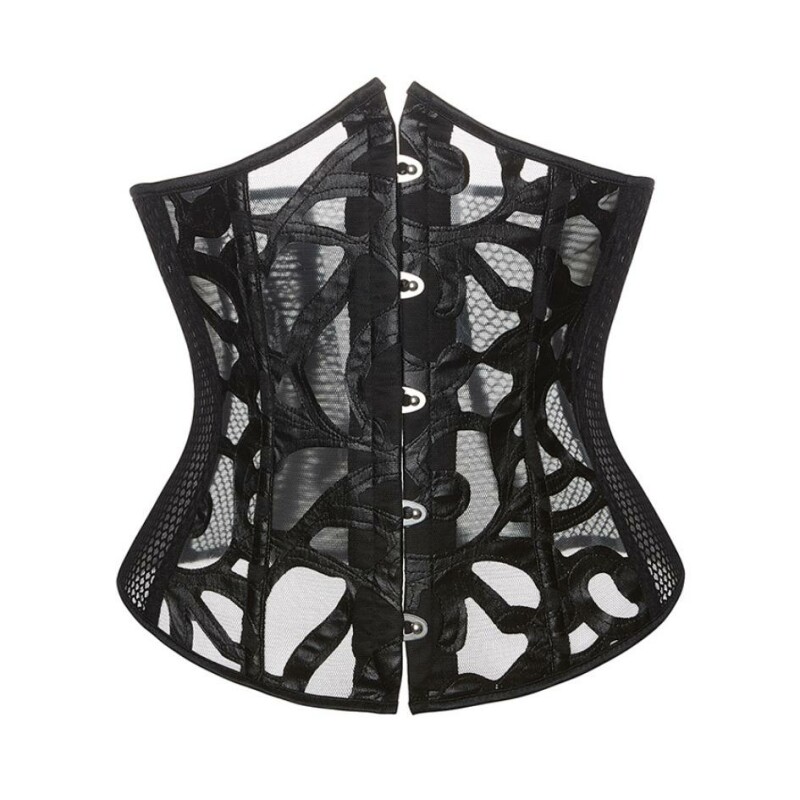 Корсет із сітки з візерунком Star Night Grid Corset, M, з гачками та шнурівкою, з трусиками, чорний