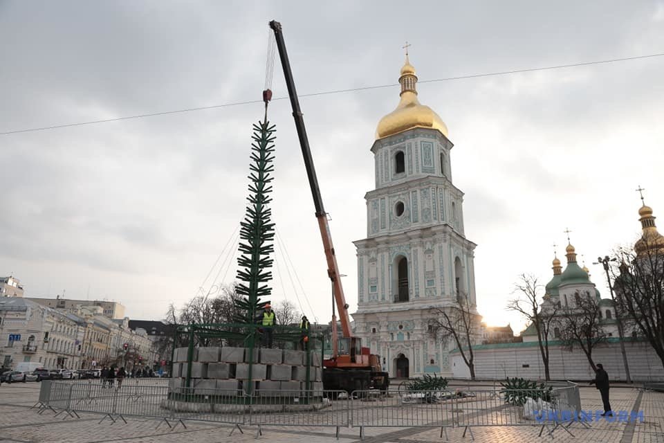 На Софийской площади Киева начали устанавливать новогоднюю елку, ФОТО, фото-1, Укрінформ