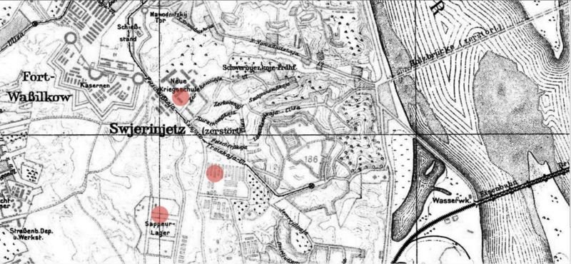 Немецкая карта Киева 1918 года, сделанной накануне катастрофы. Красным ориентировочно обозначены места взрывов., Фото: STANISLAW TSALYK
