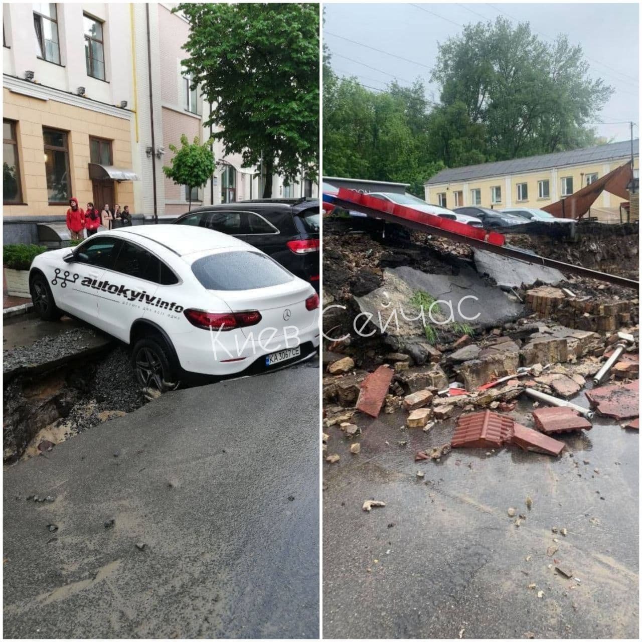 В Киеве после грозы и ливня рассыпался асфальт и кирпичная стена