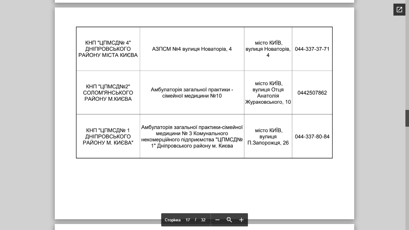 Адреса и телефоны пунктов вакцинации, Скриншоты документа