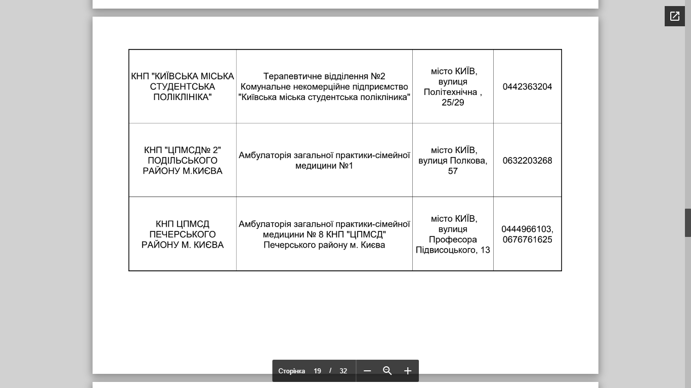 Адреса и телефоны пунктов вакцинации, Скриншоты документа