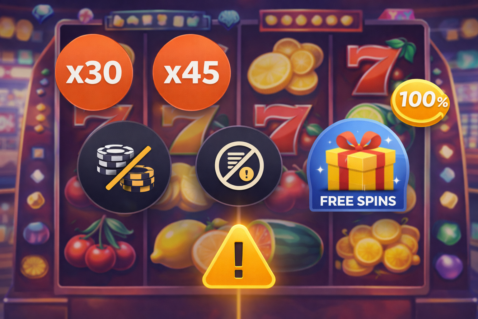 Екран слоту з позначками вейджеру фріспінів і ліміту ставки під час відіграшу бонусу Екран слоту з позначками вейджеру фріспінів і ліміту ставки під час відіграшу бонусу